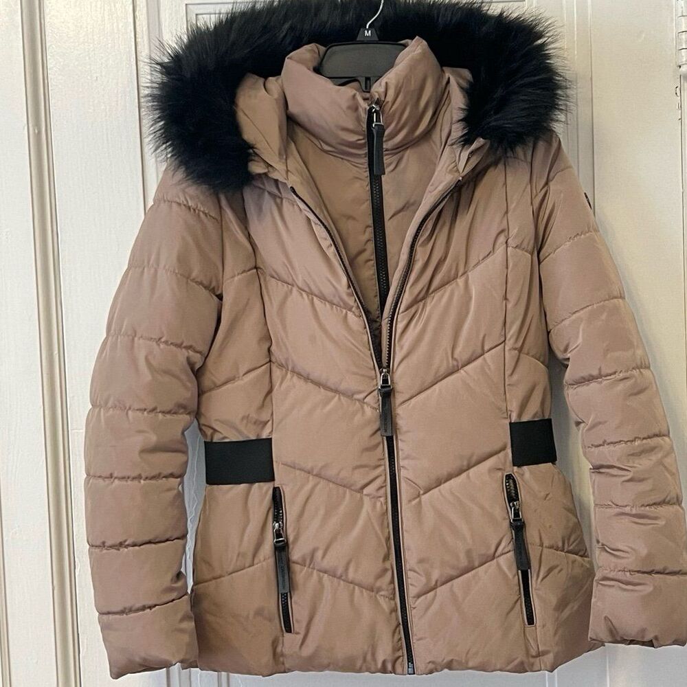 Puffer jacket taupe, tan, oatmeal beige, with black detailing Calvin Klein